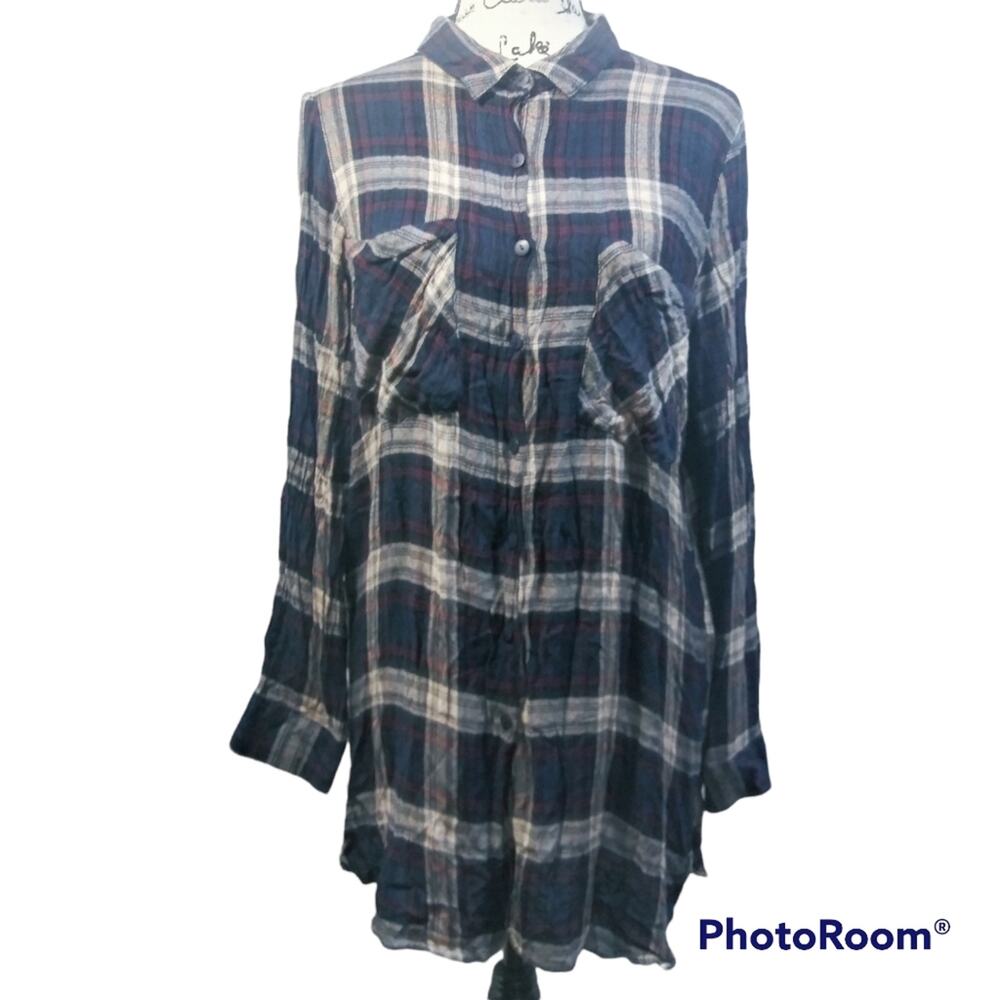 Hannah Blue Plaid RelaxedTunic Button Up Shirt L